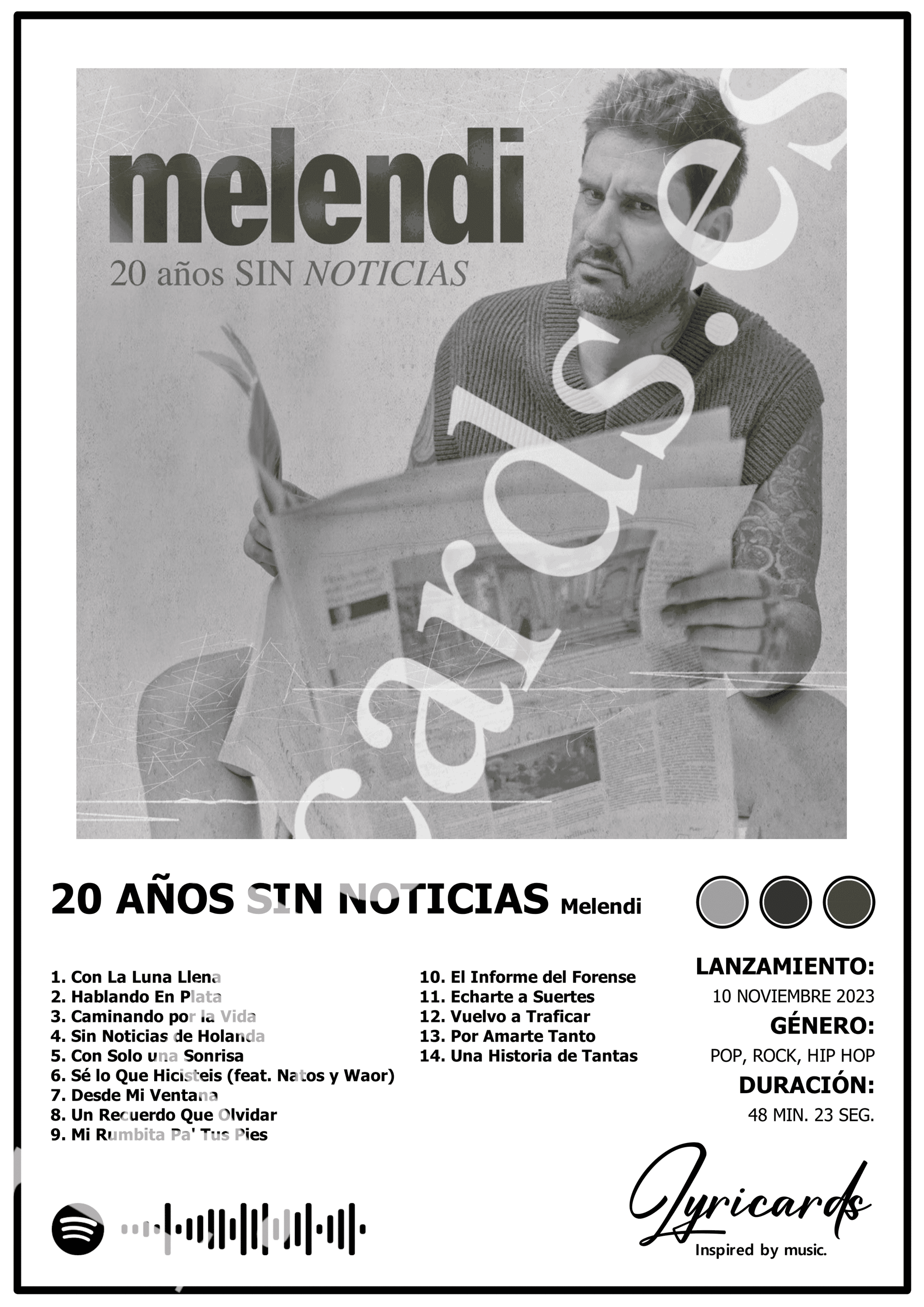 Lámina A4 - 20 Años Sin Noticias - Melendi - 2